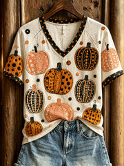 Women's Polka Dot Pumpkin Pattern Casual  Short-sleeved T-shirt