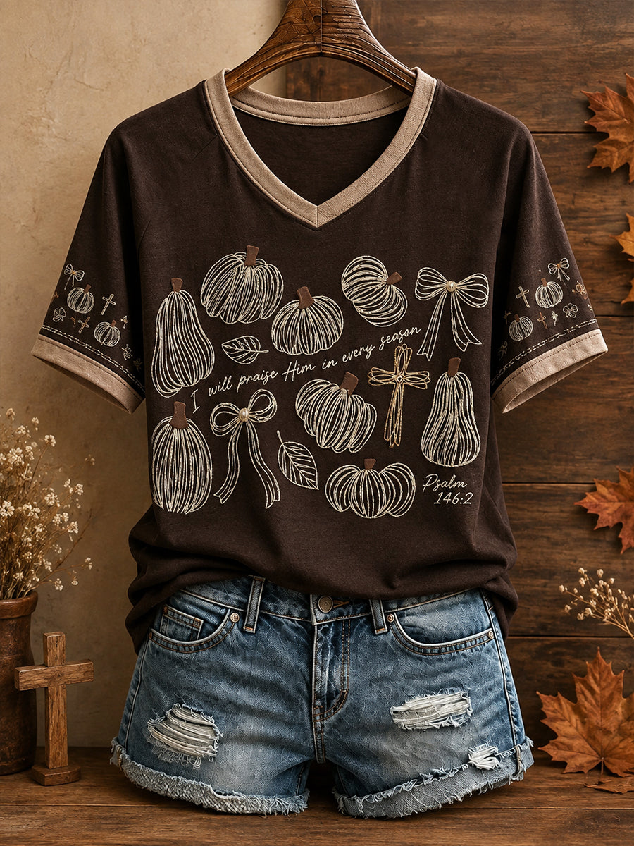 Women's Autumn Fall Lover I Will Praise Him Every Season Faith Printed T-shirt