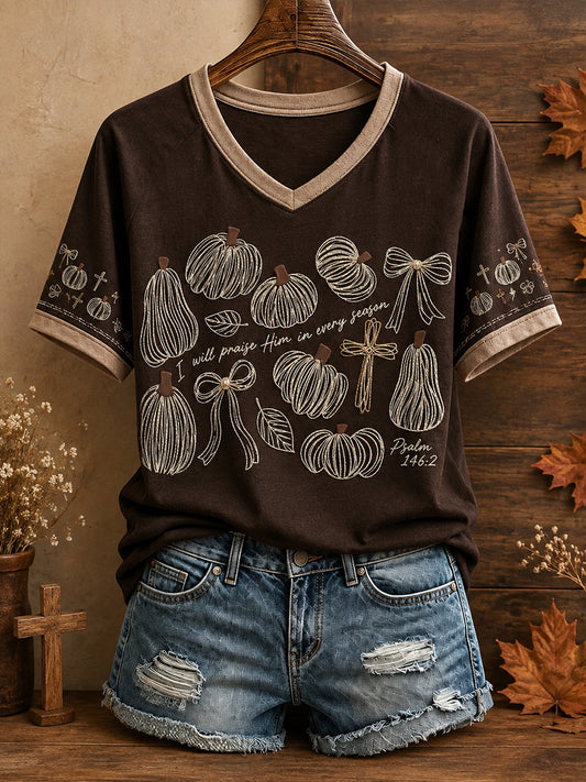 Women's Autumn Fall Lover I Will Praise Him Every Season Faith Printed T-shirt