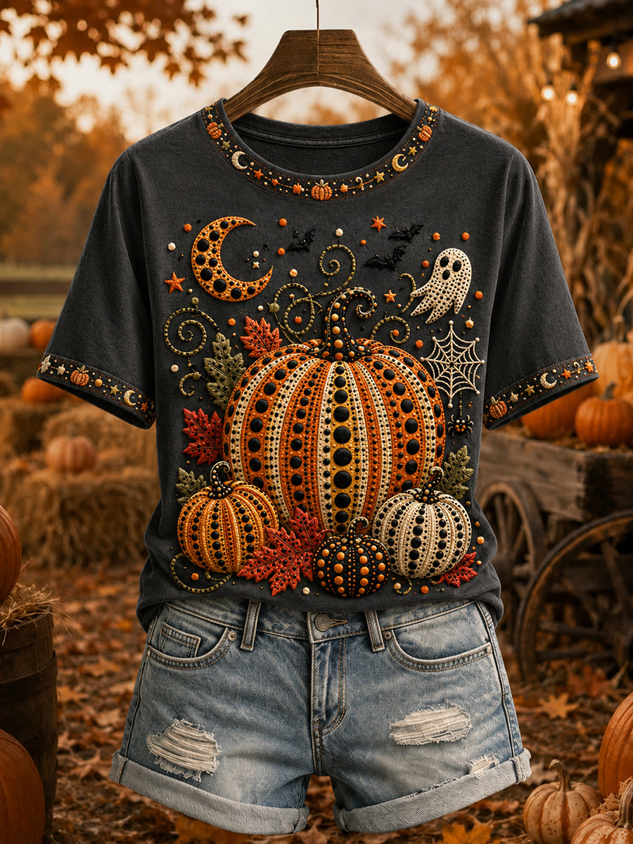 Women's Polka Dot Fall Pumpkin Print Short-sleeved T-shirt