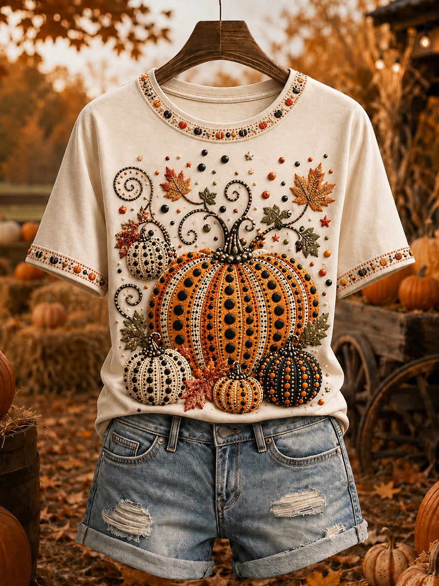Women's Polka Dot Fall Pumpkin Print Short-sleeved T-shirt