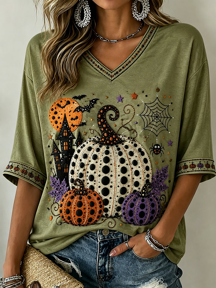 Women's Polka Dot Fall Pumpkin Print Mid-length Sleeves V-Neck T-Shirt
