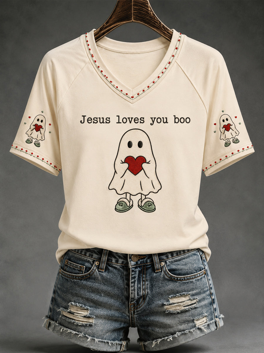 Women's Christian Halloween Jesus Loves You Boo Cute Ghost Print Casual V-Neck Tee
