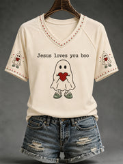 Women's Christian Halloween Jesus Loves You Boo Cute Ghost Print Casual V-Neck Tee