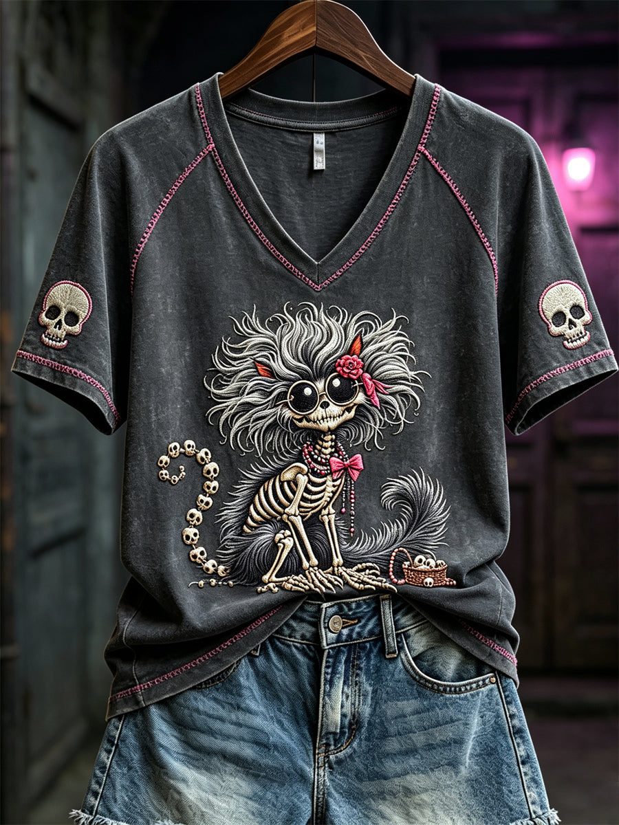 Women's Gothic Fuzzy Skeleton Cat Print short-sleeved T-shirt