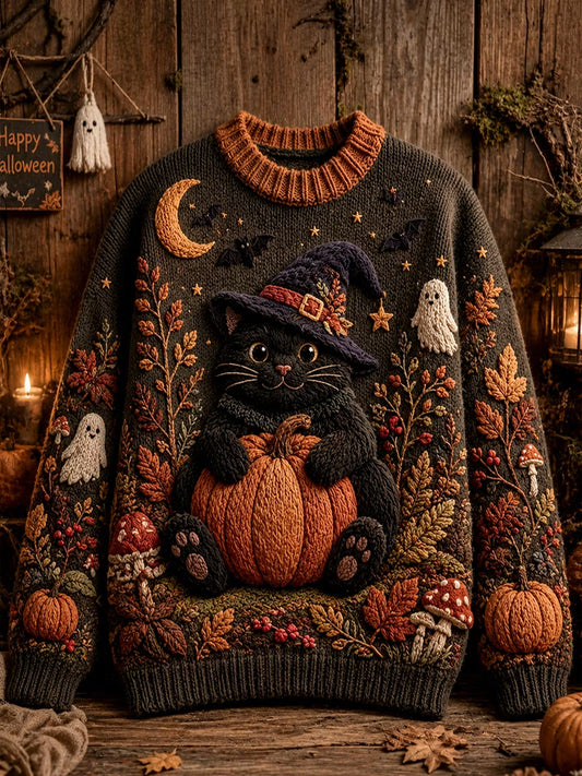 Women's Halloween Black Cat Pumpkin Ghost Print Sweater