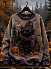 Women's Halloween Witch Black Cat Pumpkin Print  Sweatshirt