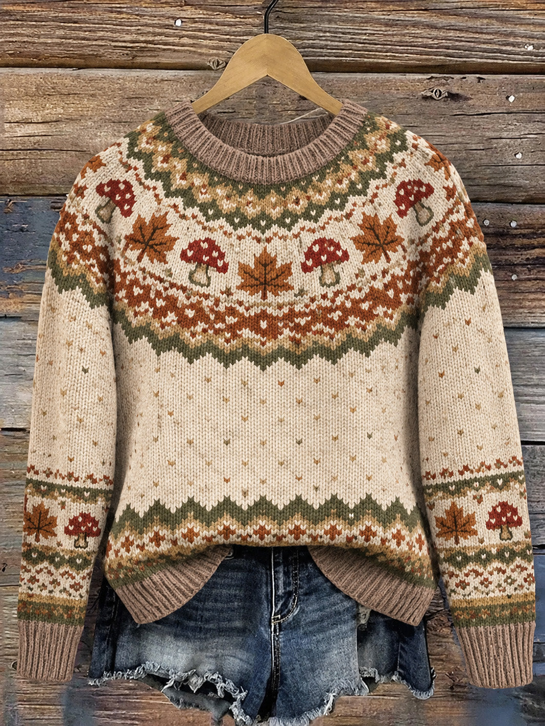 Women's Autumn Mushroom And Maple Leaf Pattern Casual Sweater