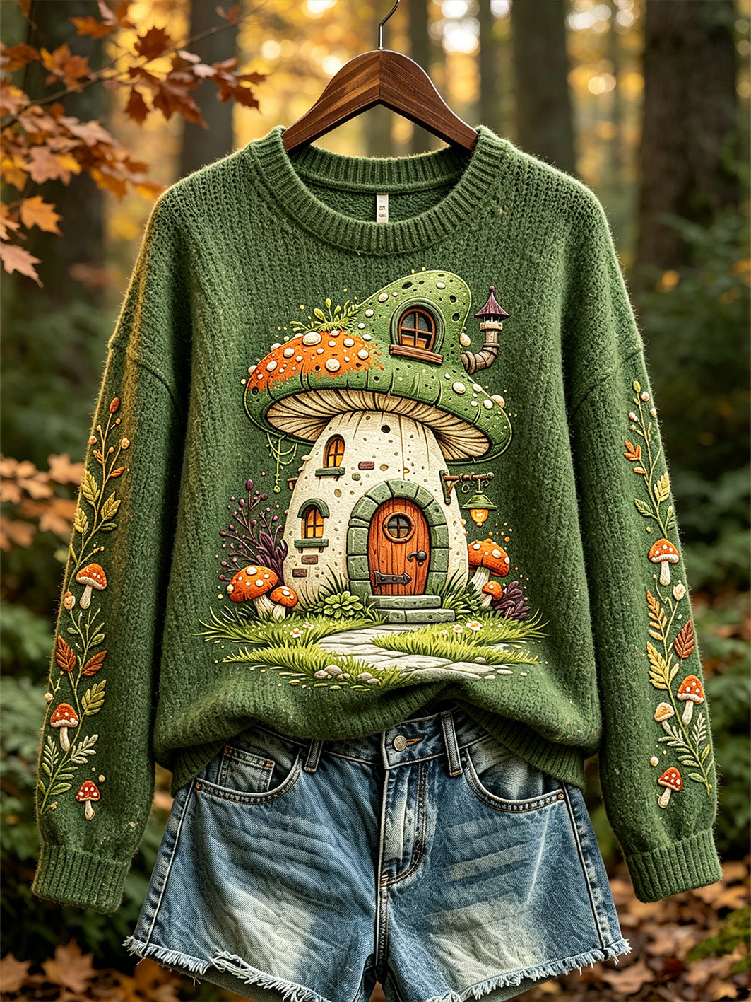 Women's autumn forest fun mushroom pattern design casual sweater