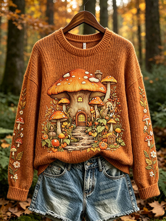 Women's autumn forest mushroom pattern design casual sweater
