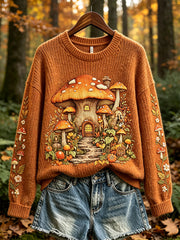 Women's autumn forest mushroom pattern design casual sweater