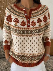 Women's Autumn Mushroom  And Maple Leaf Pattern Casual Long-Sleeve Cardigan