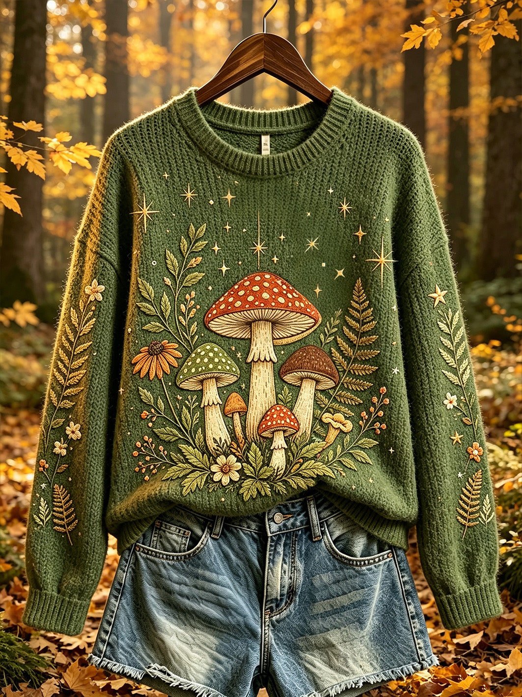 Women's autumn forest mushroom pattern design casual sweater