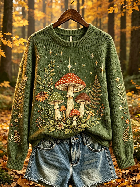 Women's autumn forest mushroom pattern design casual sweater