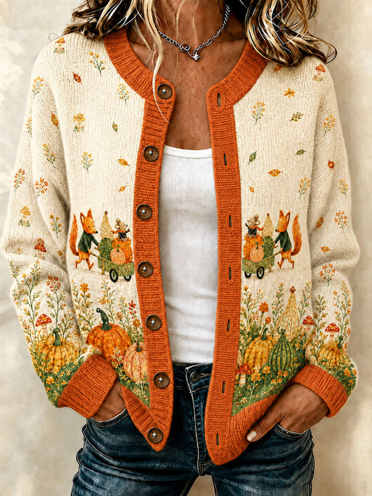 Women's Autumn  Pumpkin Flower Print Cardigan
