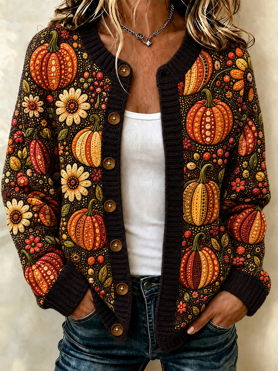 Women's Autumn Pumpkin Floral Print Cardigan