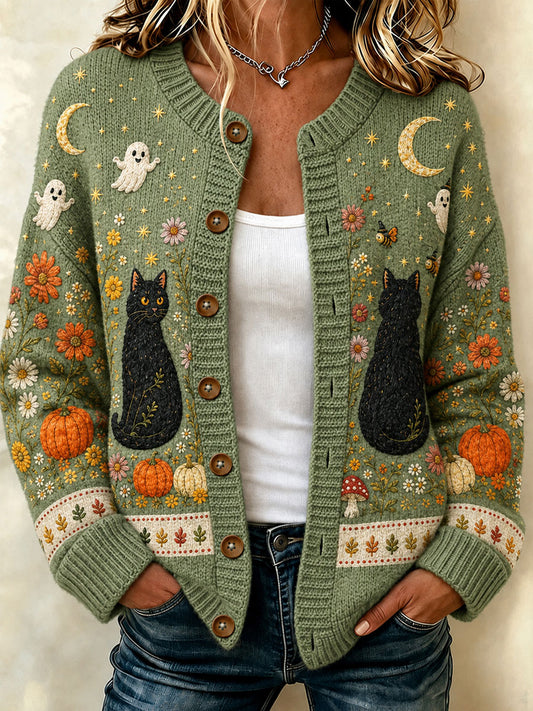 Women's Autumn Halloween Black Cat Pumpkin Flower Print Cardigan