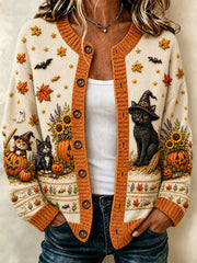 Women's Autumn Halloween Black Cat Pumpkin Flower Print Cardigan