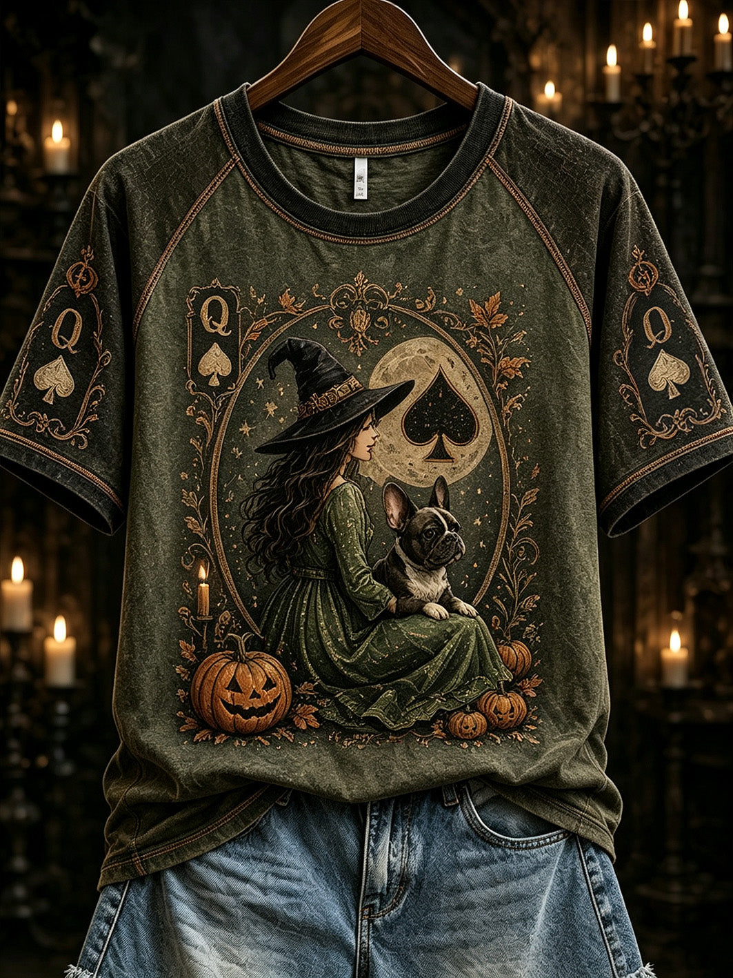 Women's Halloween Poker Elements Witch and Dog Pattern Design Casual Short Sleeve T-Shirt