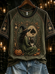 Women's Halloween Poker Elements Witch and Dog Pattern Design Casual Short Sleeve T-Shirt