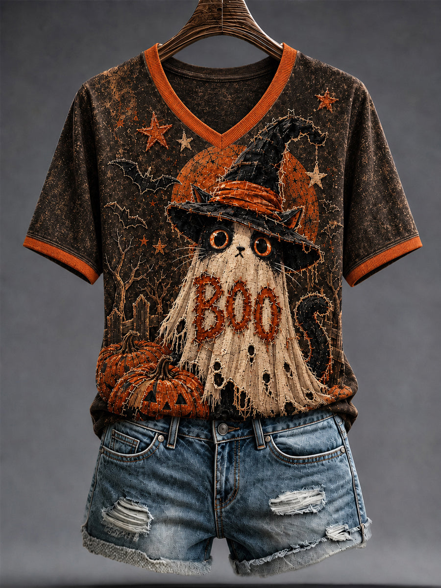 Women's Halloween Witch Creepy Cat  Short Sleeve T-shirt