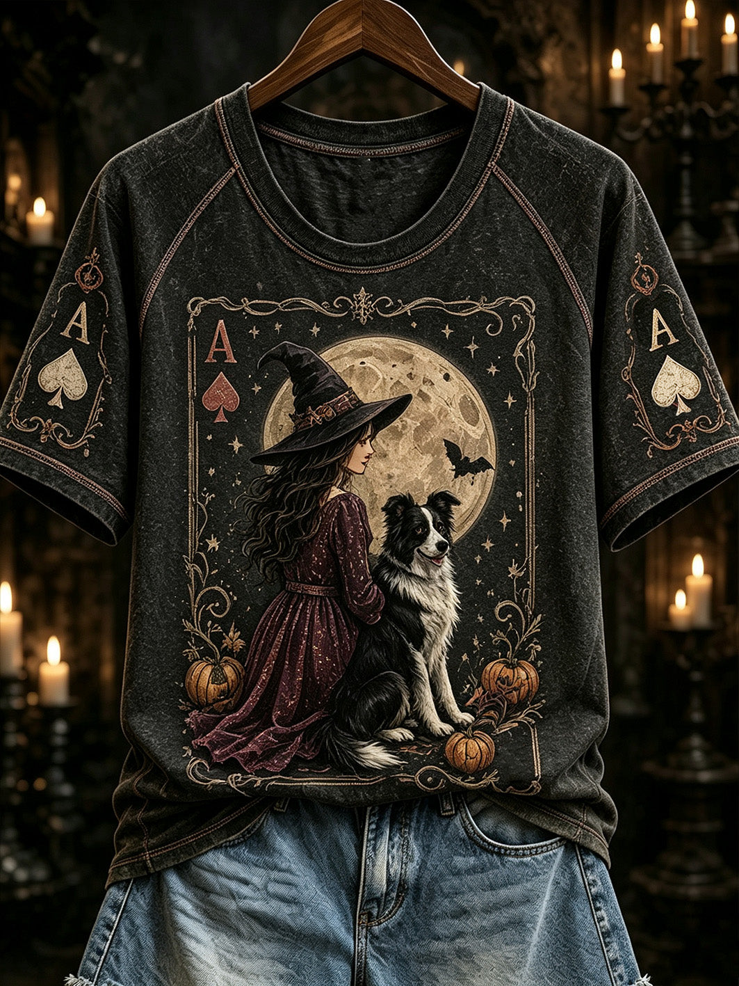 Women's Halloween Poker Elements Witch and Dog Pattern Design Casual Short Sleeve T-Shirt