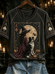 Women's Halloween Poker Elements Witch and Dog Pattern Design Casual Short Sleeve T-Shirt