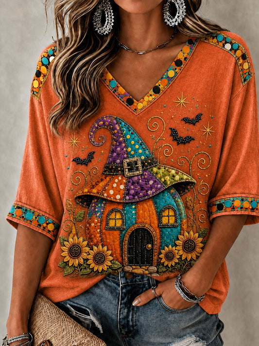 Women's Fall Halloween Pumpkin Bat Mid-length Sleeves V-Neck T-Shirt