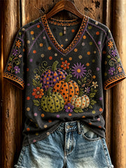 Women's Colorful Pumpkins Floral Polka Dots Art Print short-sleeved T-shirt