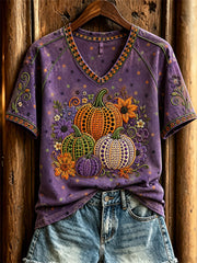 Women's Colorful Pumpkins Floral Polka Dots Art Print short-sleeved T-shirt