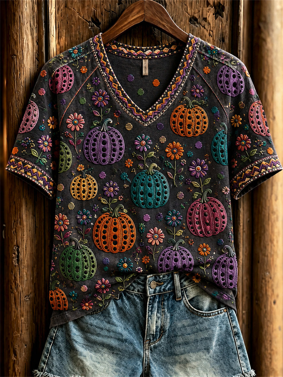 Women's Colorful Pumpkins Floral Polka Dots Art Print short-sleeved T-shirt