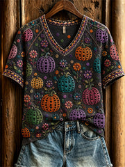 Women's Colorful Pumpkins Floral Polka Dots Art Print short-sleeved T-shirt