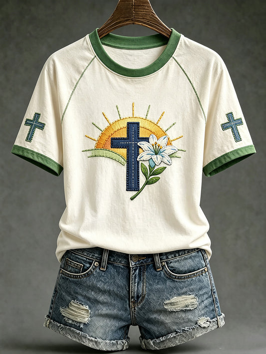 Women's faith-themed pattern printed casual short sleeve T-shirt