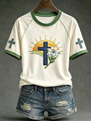 Women's faith-themed pattern printed casual short sleeve T-shirt