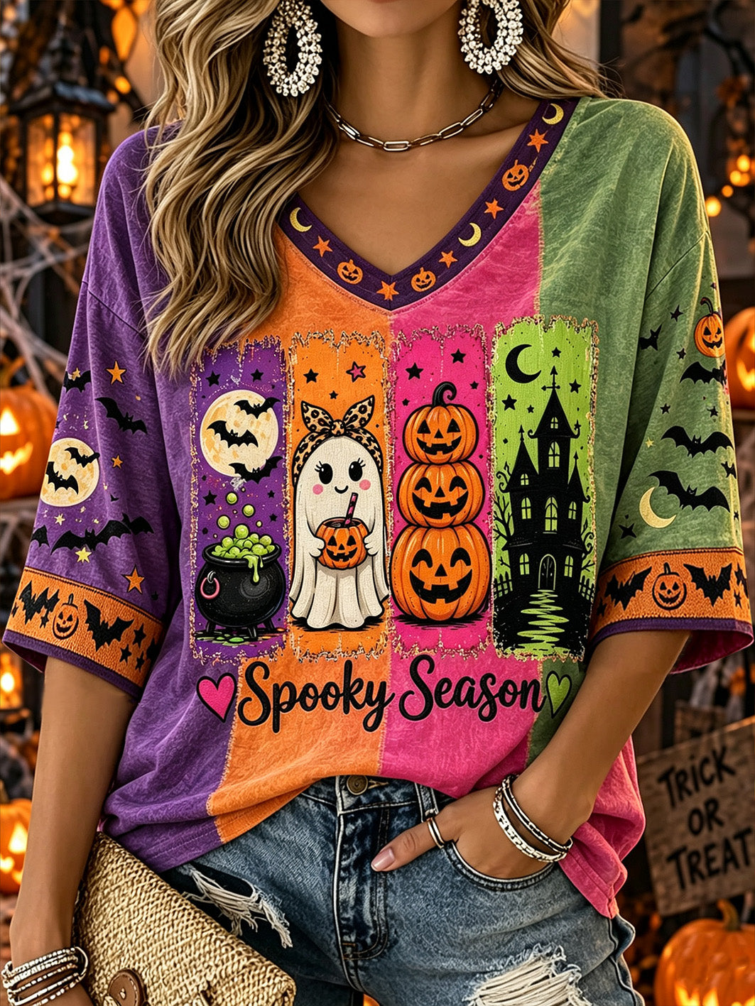Women's Spooky Season Halloween Pattern Print Mid-length Sleeves V-Neck T-Shirt