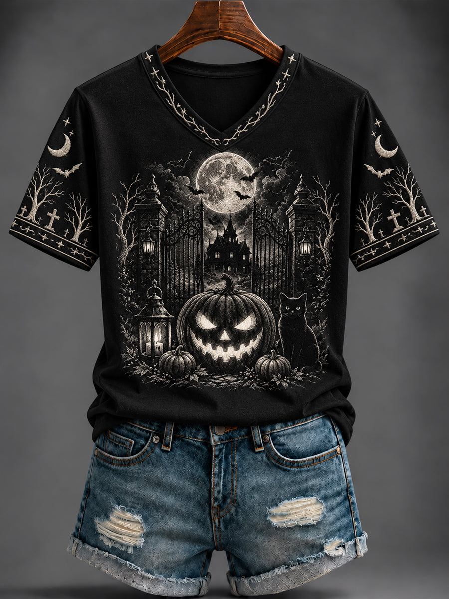 Women's Halloween Printed V-neck T-shirt