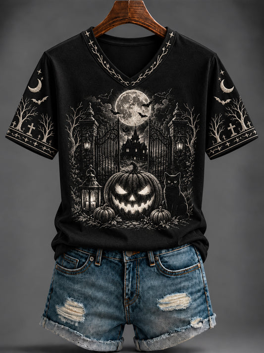 Women's Halloween Printed V-neck T-shirt