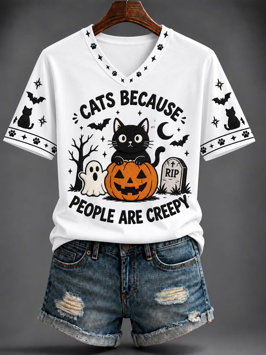 Women's “CATS BECAUSE PEOPLE ARE CREEPY” Printed V-neck T-shirt