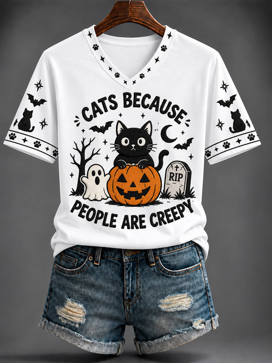 Women's “CATS BECAUSE PEOPLE ARE CREEPY” Printed V-neck T-shirt