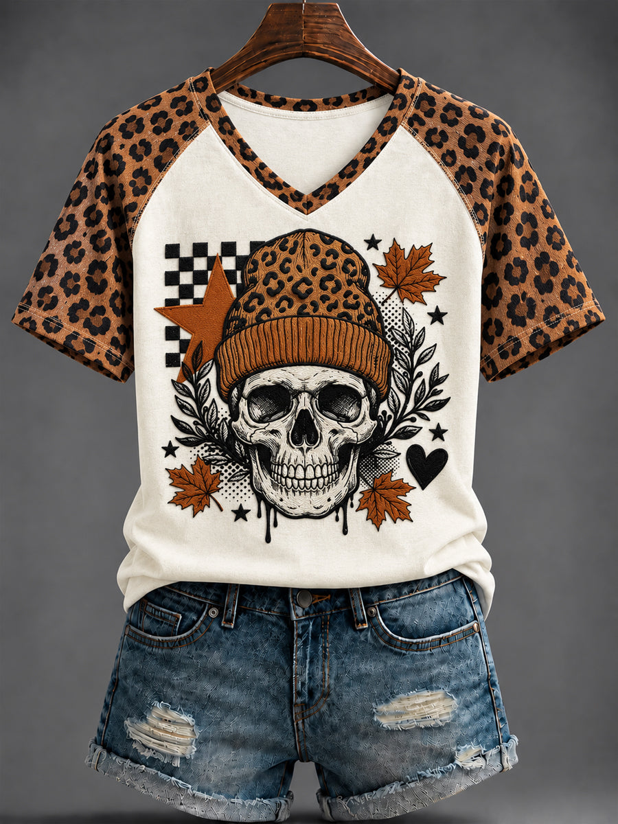 Women's Halloween Printed V-neck T-shirt