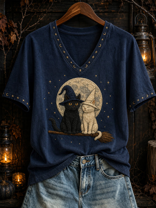 Women's Halloween Cute Cat Pattern Print Casual Short Sleeve T-shirt