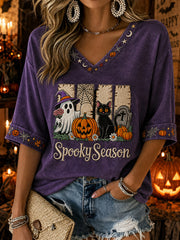 Women's Spooky Season Halloween Pattern Print Mid-length Sleeves V-Neck T-Shirt