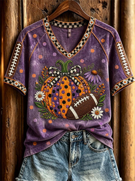 Women's Football & Halloween Pumpkins Floral Polka Dots Art Print short-sleeved T-shirt