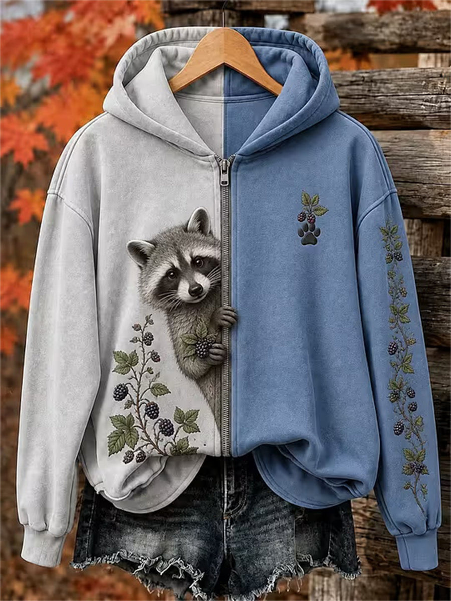 Women's Autumn Raccoon Print Casual Zip-Up Hoodie