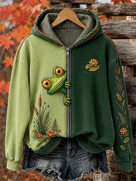 Women's Autumn Frog Print Casual Zip-Up Hoodie
