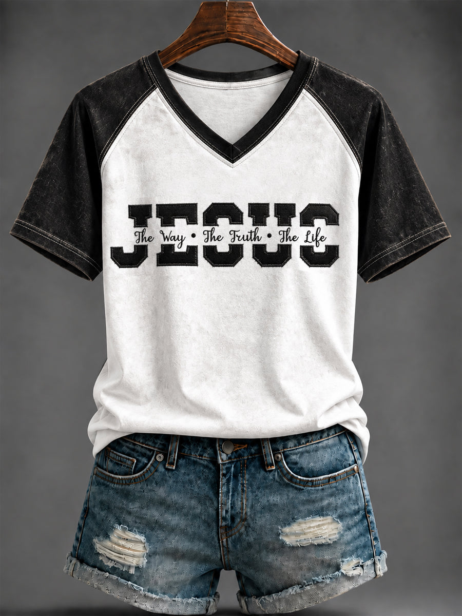 Women's “JESUS” Printed V-neck T-shirt