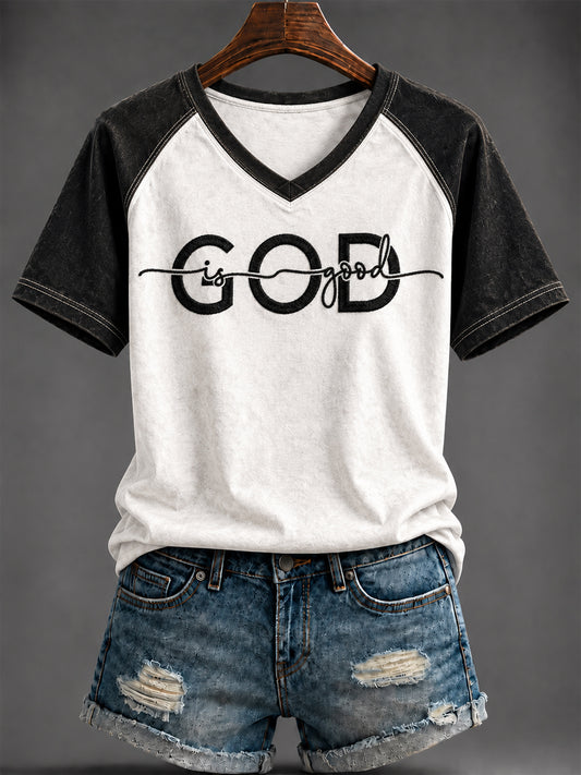 Women's “GOD is good” Printed V-neck T-shirt