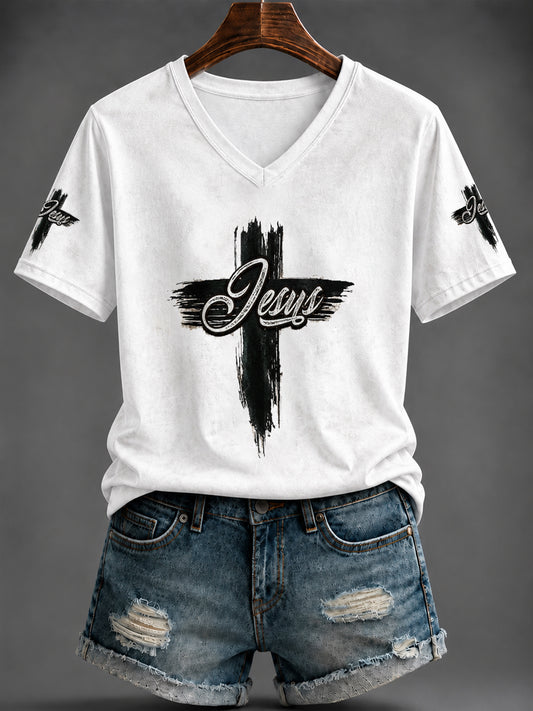 Women's “JESUS” Printed V-neck T-shirt