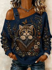 Women's Autumn Cute Cat Art Print Casual Off-Shoulder Sweatshirt