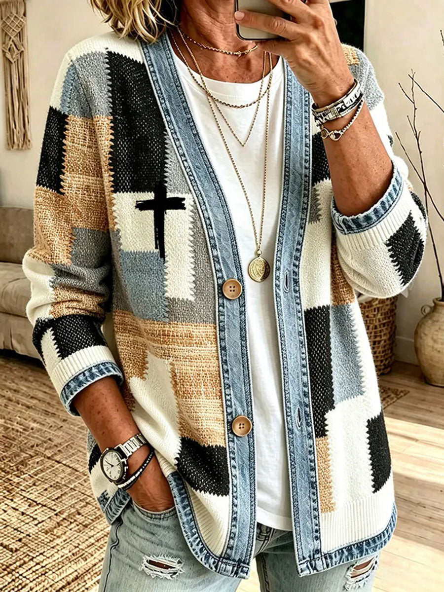 Women's Faith-Themed Patchwork Art Cardigan
